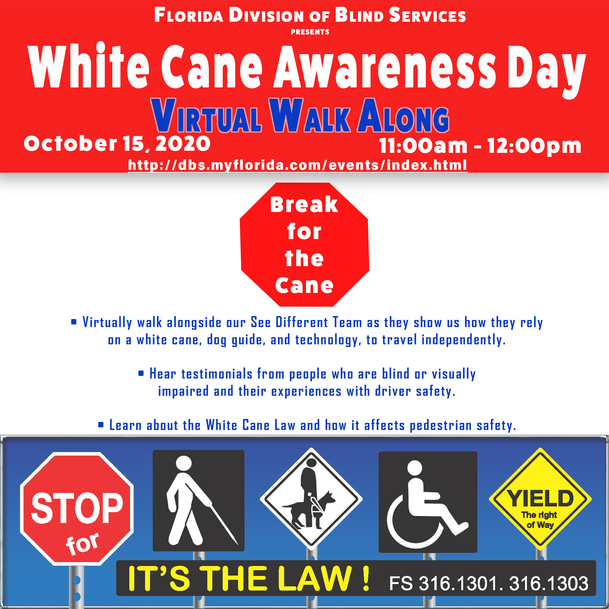 Division of Blind Services White Cane Awareness Day Virtual Walk Along event flyer.